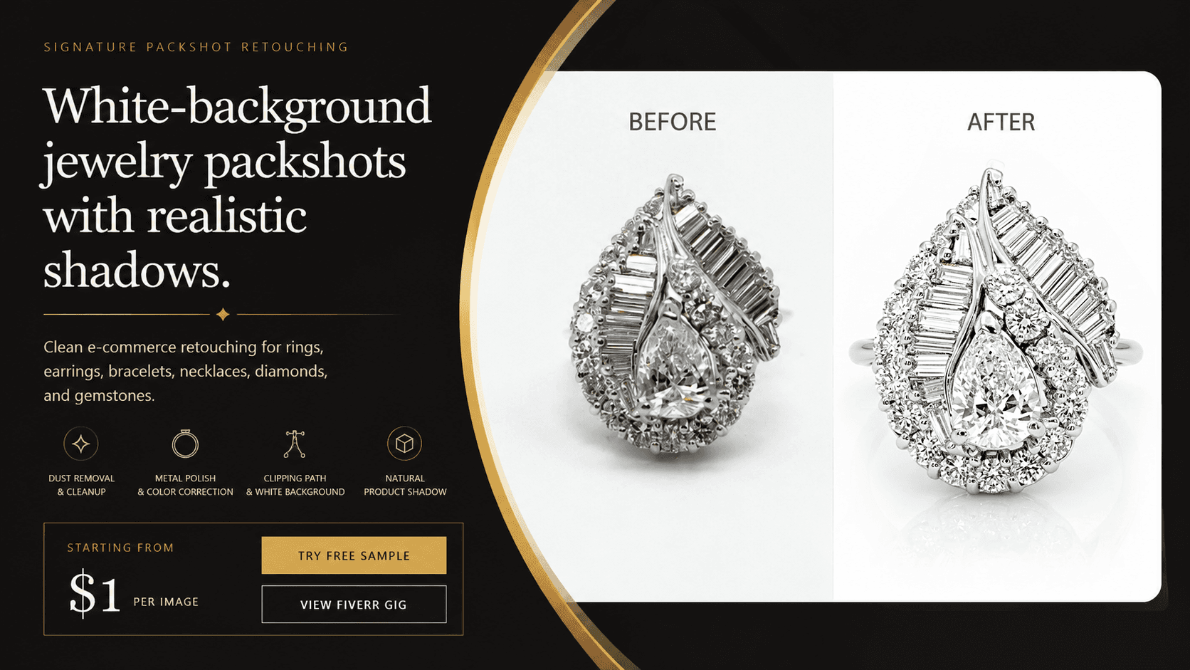 White-background jewelry packshot retouching with realistic shadows starting from one US dollar per image