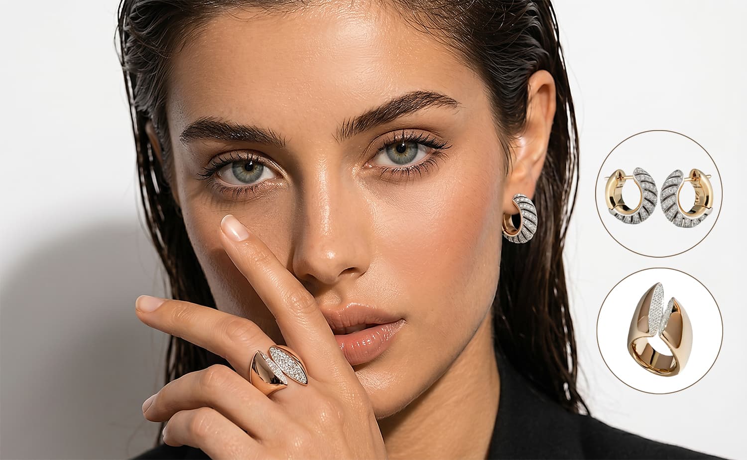 Luxury jewelry model campaign visual with original product references